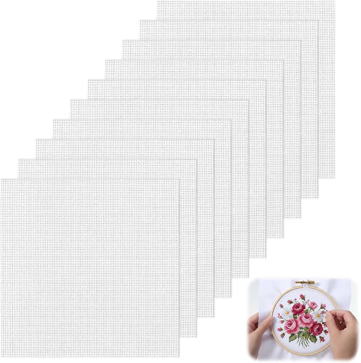 SnelShoppen - 10 Stuks Borduurstof voor Borduren, Aida Mesh Stof, 20 x 20 cm Witte Borduurdoek, Ideaal voor DIY Projecten, Kussens, Portemonnees, Soft