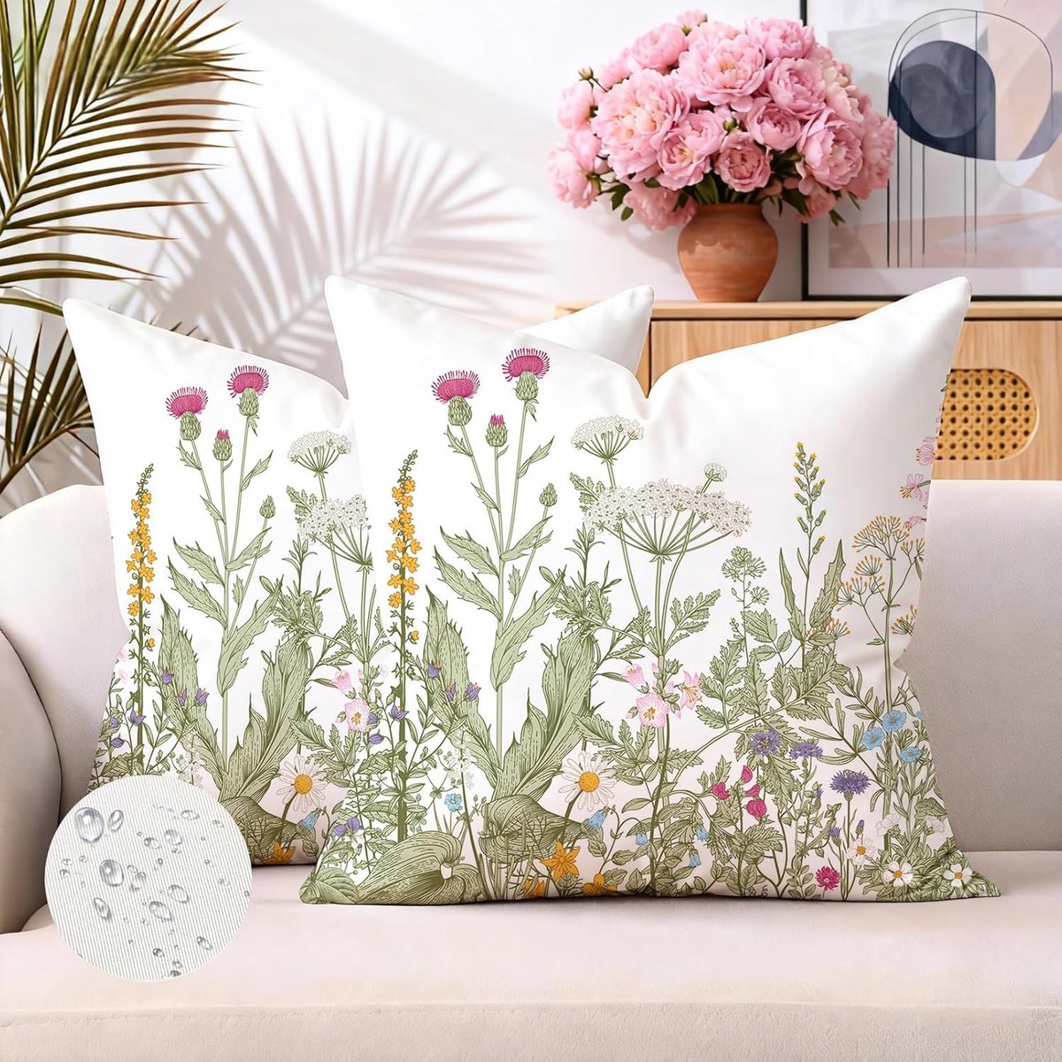 SnelShoppen - Set van 2 Decoratieve Kussenhoezen 40 x 40 cm, Waterdicht Linnen met Bloemenprint voor Buiten, Tuin, Woonkamer en Sofa
