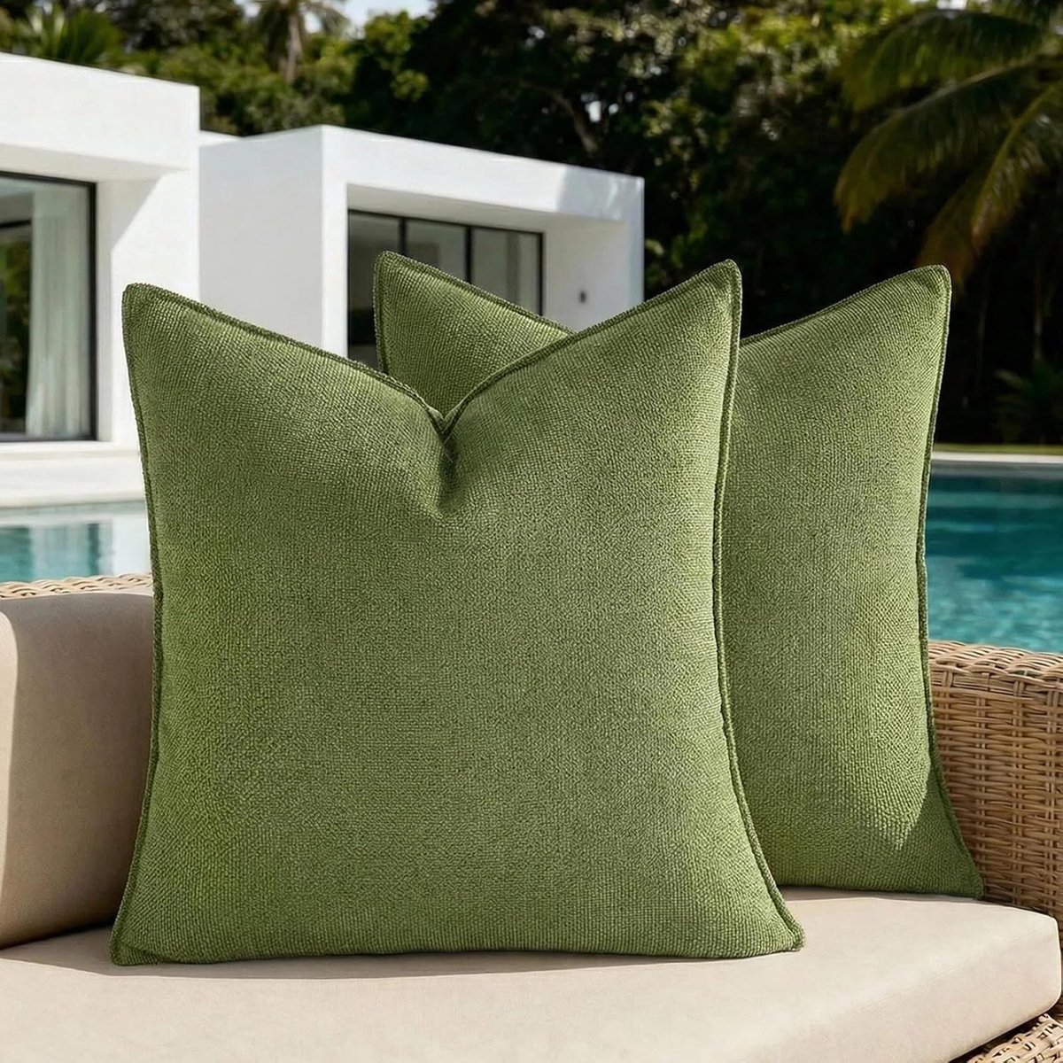 SnelShoppen - Set van 2 Decoratieve Kussenhoezen 40 x 40 cm, Grasgroen, Waterdichte Chenille Buitenhoezen, Weerbestendig, Zachte Kussenhoezen voor Sof