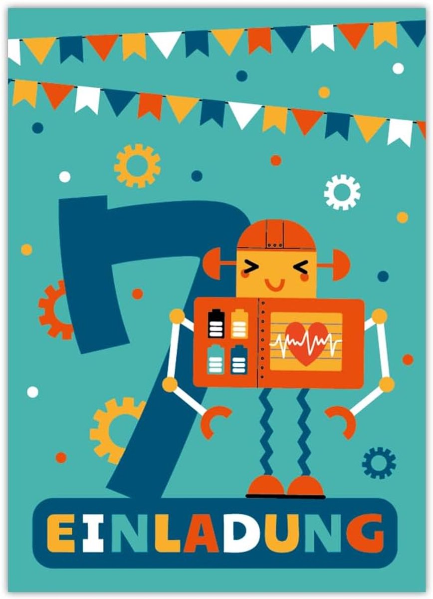 SnelShoppen - 12 Uitnodigingskaarten voor 7e Verjaardag Jongens - Robot Thema - 10.5x14.8 cm - Perfect voor Feestjes - Kwaliteit 300 g/m² - Made in Ge
