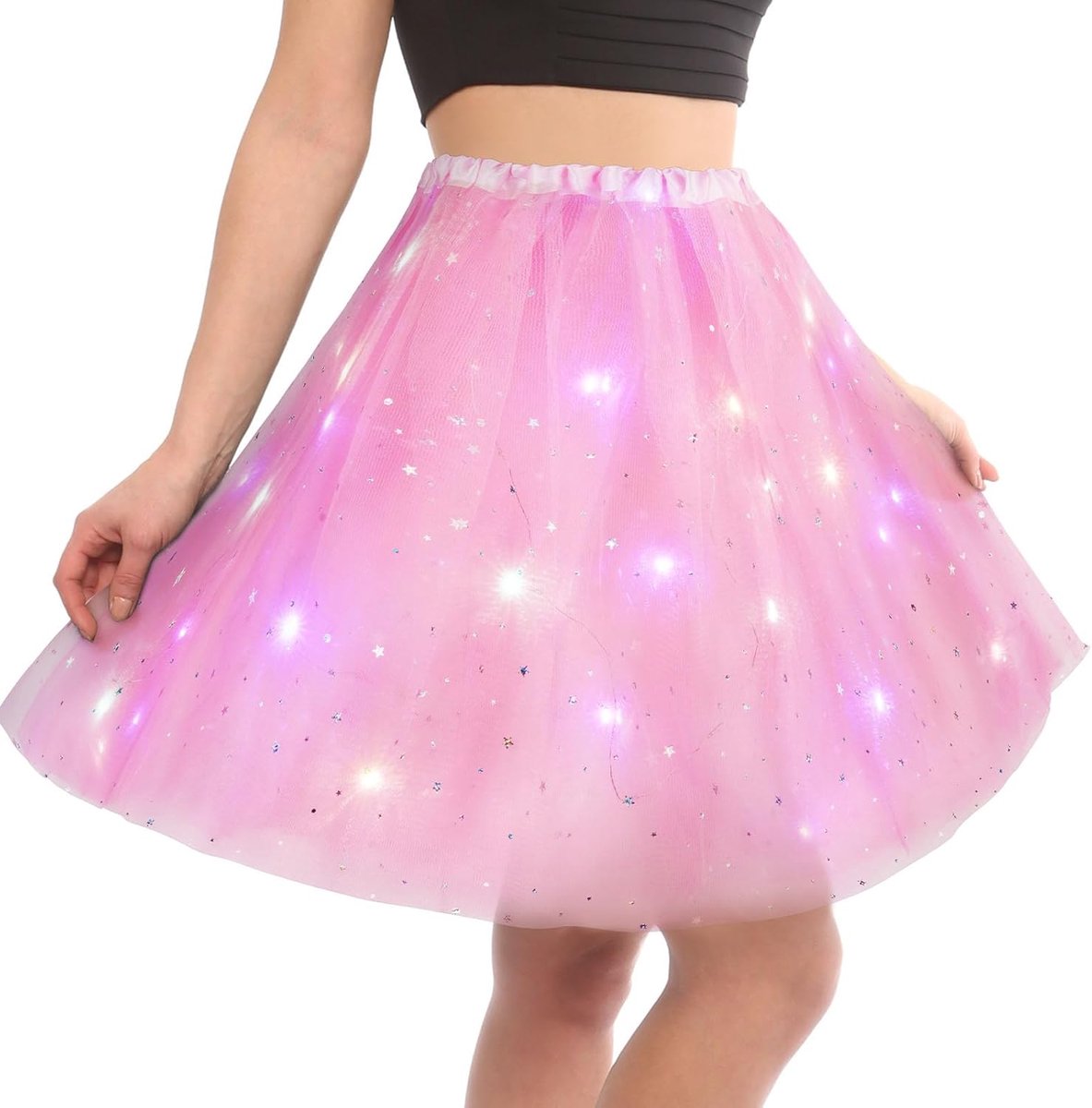 SnelShoppen - Dames Tutu Rok met Sterren Sequins en Kleur LED Lichten voor Dansfeest en Halloween Kostuum - Roze - 3 Laags Tulle - Elastische Tailleba