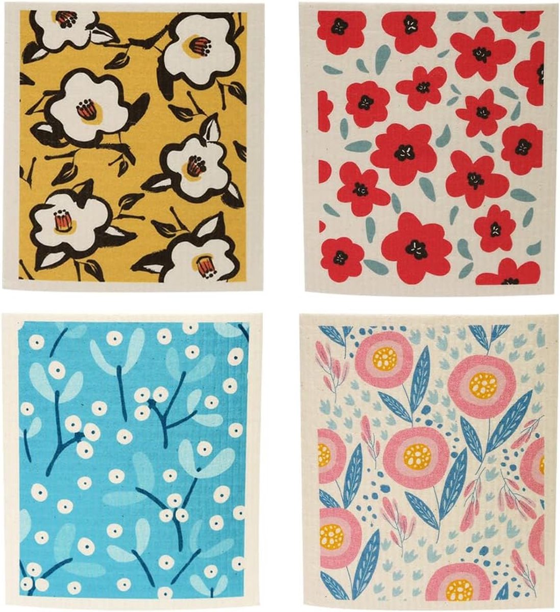 SnelShoppen - Set van 4 Zweedse Afwasdoeken met Gemengde Bloemen, Herbruikbare Sponsdoeken, Absorberend, Sneldrogend, Wasbaar, Tafeldoek voor Keuken S