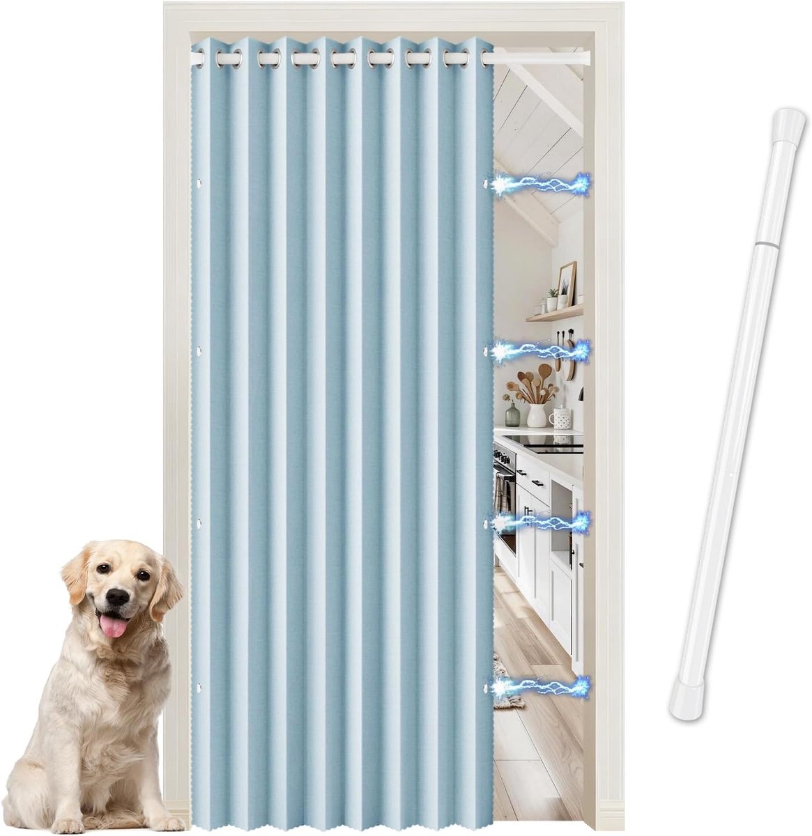 SnelShoppen - Magnetisch Deurgordijn met Verstelbare Stang, Eenvoudige Montage, Geen Boren, Ideaal voor Woonkamer, Slaapkamer, Keuken, Blauw, 210x150