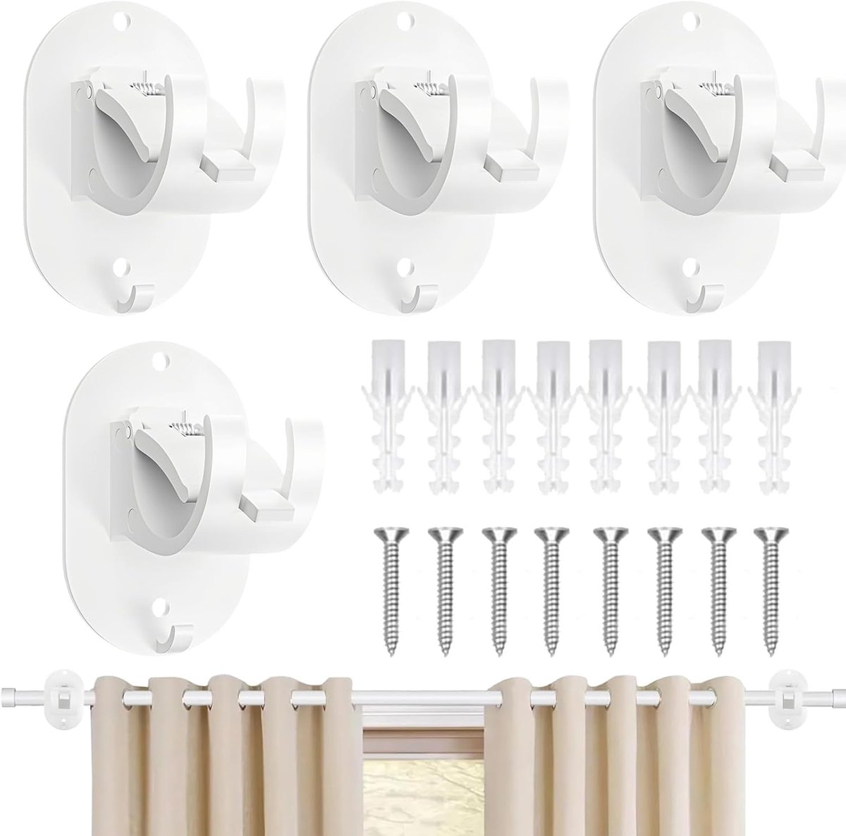 SnelShoppen - Curtain Rod No Drilling - 4 Stuks - Witte Adhesive Hooks - Verstelbare Gordi