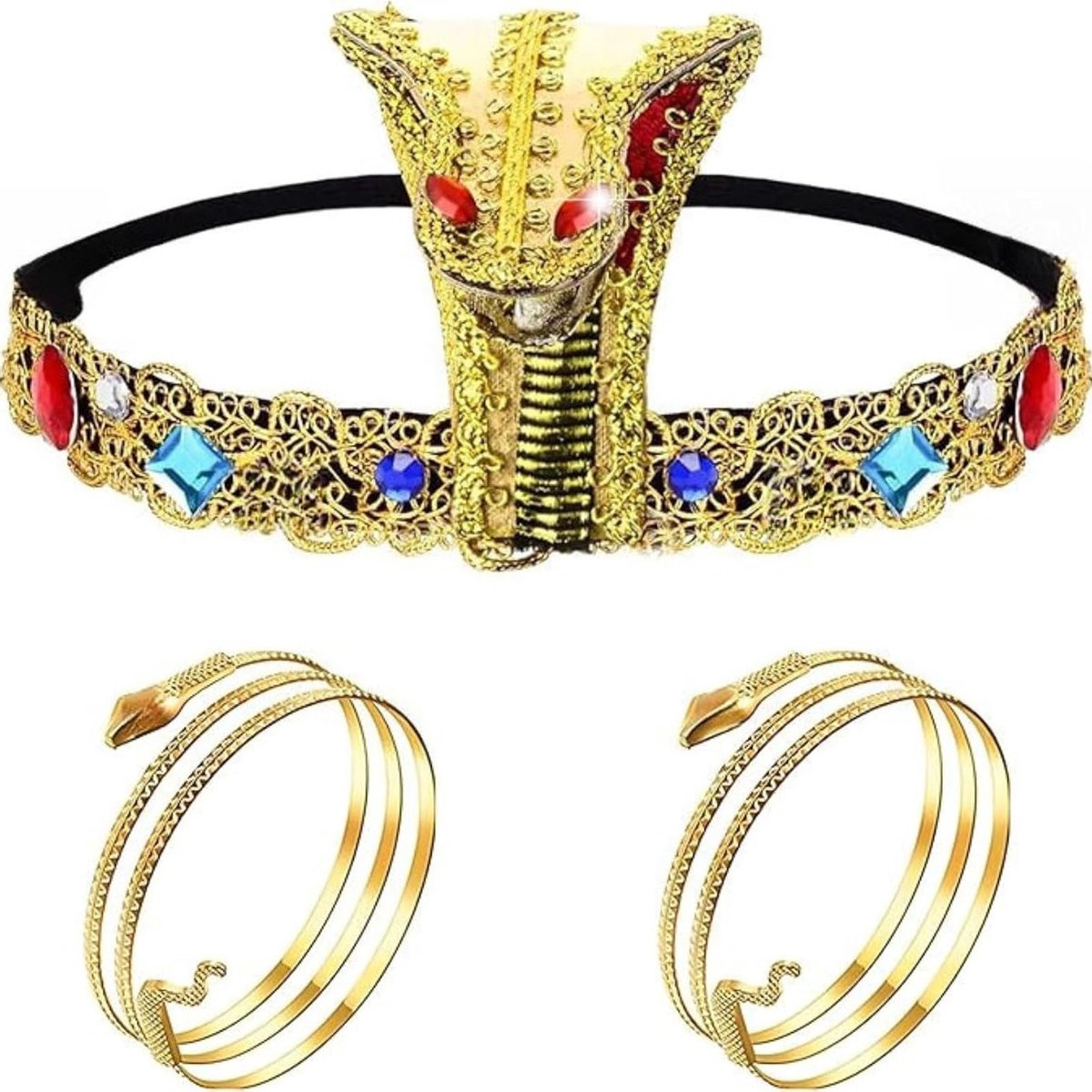 Cleopatra Hoofdband Set met Slang en Bovenarmarmband - Egyptische Kostuumaccessoires voor Kinderen en Volwassenen voor Halloween en Feestjes