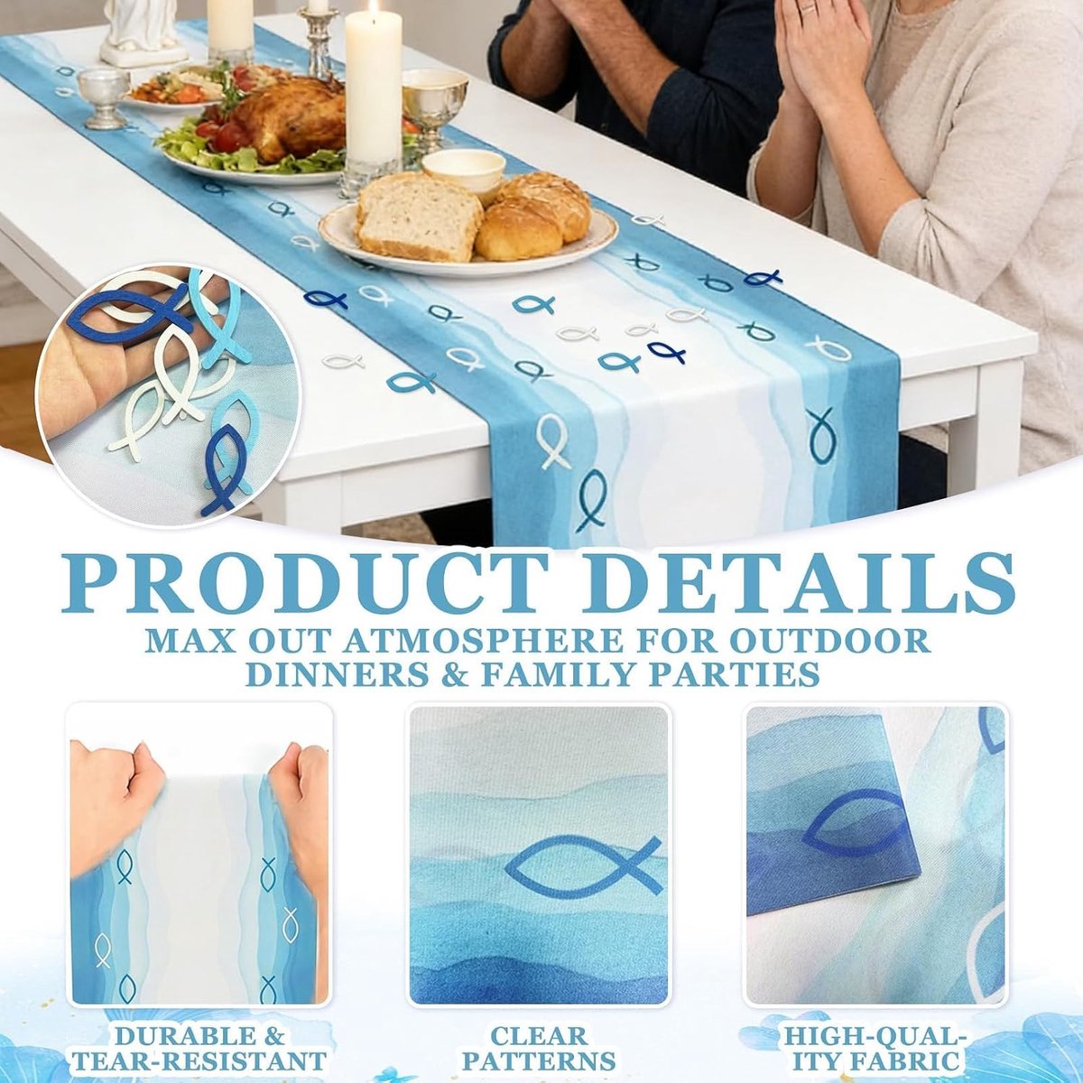 SnelShoppen - Table Runner voor Jongens, Doopdecoratie 180 cm x 35 cm, Houten Vissen Ornamenten in Blauw, Communie en Bevestiging Versiering, Feesteli