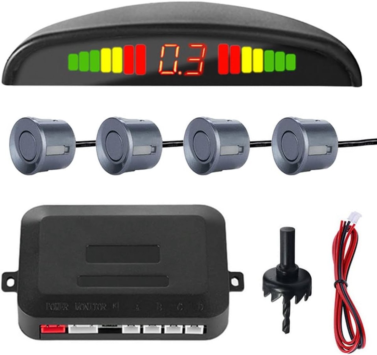 SnelShoppen - Car Reverse Parking Sensors - 4 Sensor Afstanddisplay en Geluidsalarm - Parking Aid voor Veilig Parkeren - Grijs - Waterdicht en Schokbe