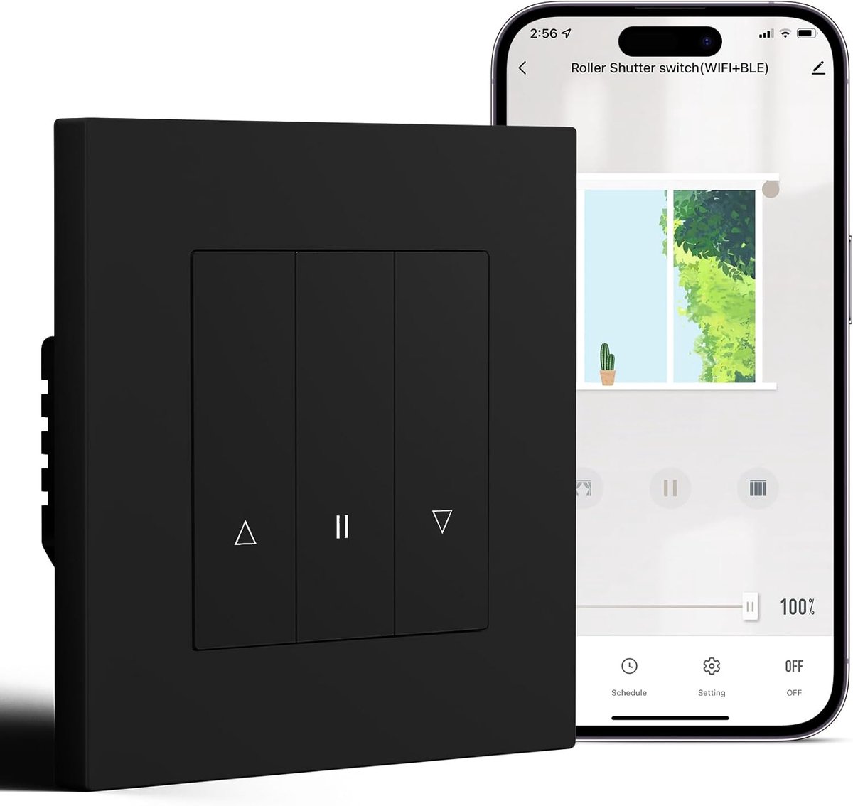 SnelShoppen - Slimme WiFi Rolgordijnschakelaar met PC Frame, Zero Wire, Tijdschakelaar, Percentage Controle, Compatibel met Alexa en Google Home