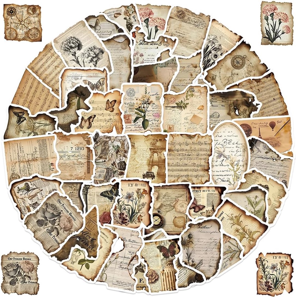 SnelShoppen - Pack van 50 Vintage Label Stickers Retro voor Scrapbooking, Junk Journaling, Bullet Journal, Planner, DIY Craft, Bruin met Brandranden