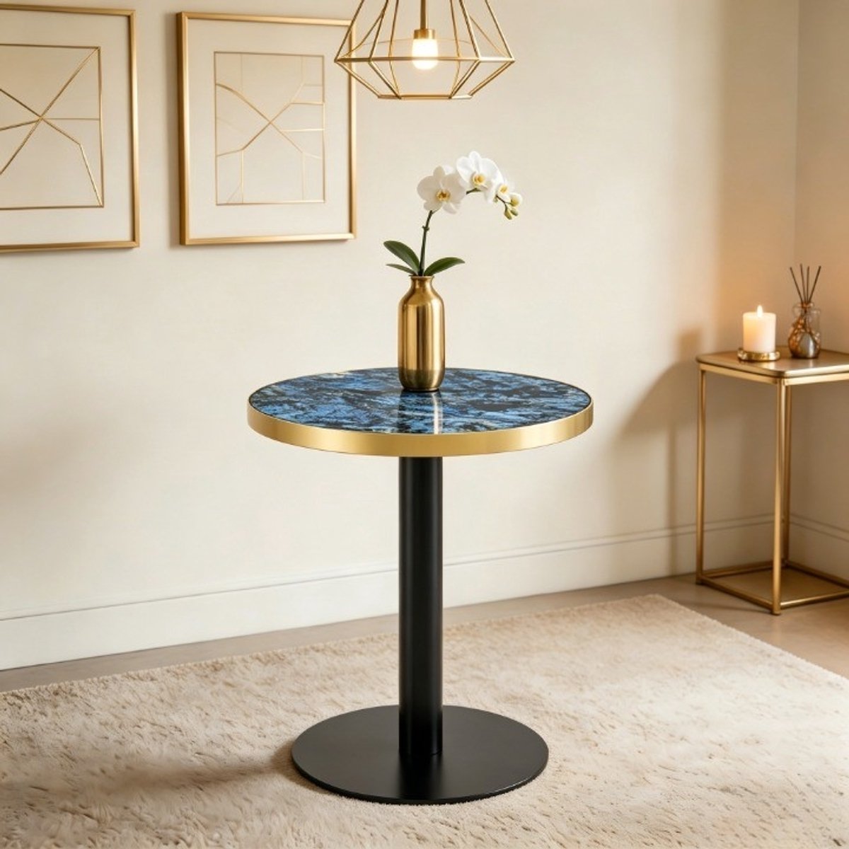 HAUSS SPOLE Bijzettafel - Rond Met Marmerlook En Gouden Rand - Voor Woonkamer Slaapkamer Of Balkon - MDF En Metaal - 60x73,7 Cm - Blauw