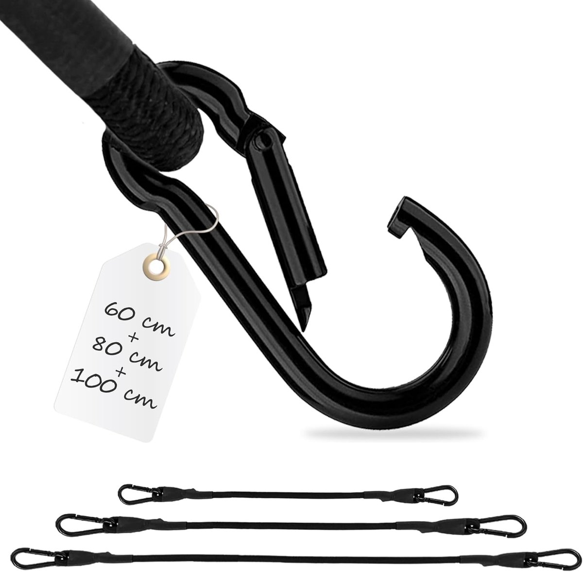 SnelShoppen - 3x Tension Elastic Band met Lobster Clasp 100cm, 80cm, 60cm - Zwart Rubber Straps voor Fiets, Auto, Bagage, Transportbeveiliging