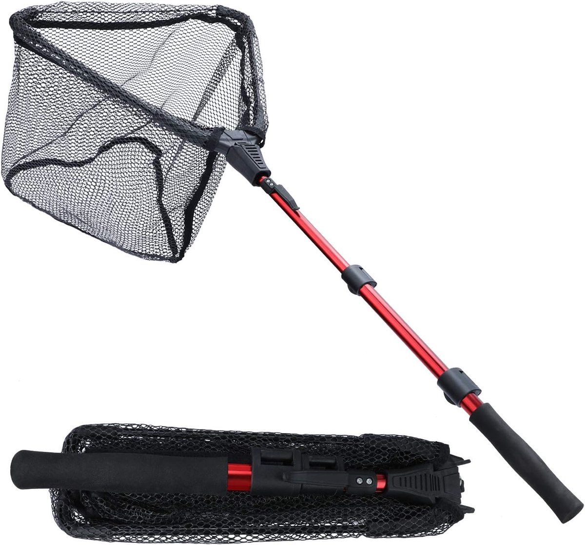 SnelShoppen - Vouwbare Telecopische Hengelsnet met EVA Handvat - Duurzaam Nylon Gaas - Veilig Vangen of Vrijlaten - Rood/Zwart - 28.3"/37.4"/45"