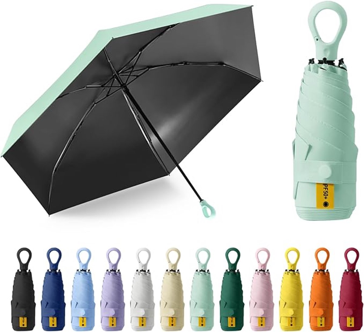 Zonneparaplu, zakparaplu, UPF50+, mini-paraplu met 6 baleinen, ringhandvat en opbergdoosje, geschikt voor zonnige en regenachtige dagen - koel en geurig groen.