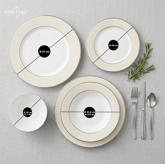 Swiss Haus® DS24CR Luxe Serviesset - 24 Delig - 6 Persoons - Porselein - Bordenset - Dinner Platen - Dessertborden - Kommen - Pastabord - Wit / Creme — afbeelding 4