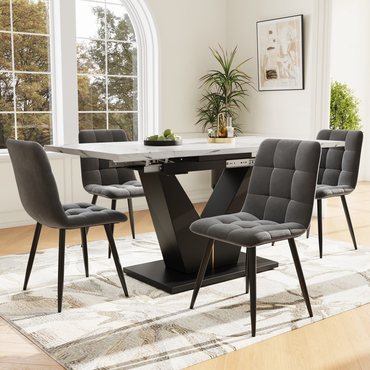 Moderne Eettafel Set - Uitschuifbare Tafel Met 4 Grijze Velvet Stoelen Marmerlook