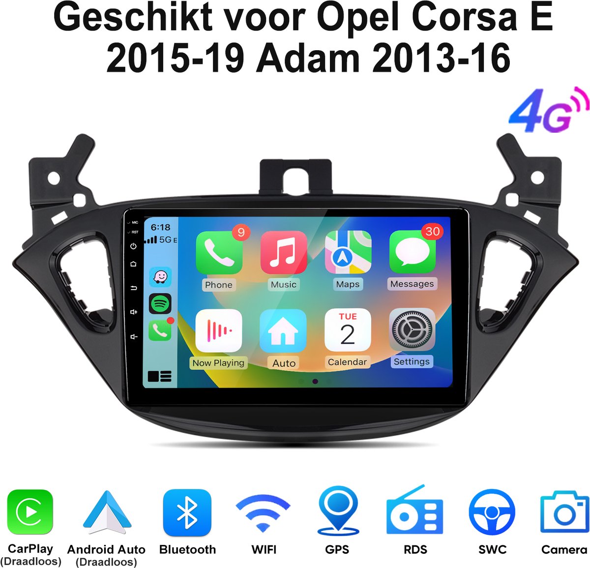 Junsun Andriod 15 Autoradio Geschikt voor Opel Corsa E 2015-2019 / Adam 2013-2016 - 6GB+128GB - Draadloze Carplay & Android Auto, 9 inch HD TouchScreen - GPS-navigatiesystem - Bluetooth - WIFI - Stuurwielbediening - 4G - RDS - Octa-core processor