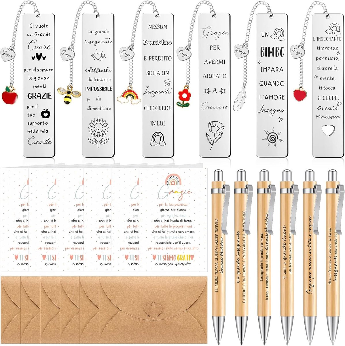 SnelShoppen - 6 Sets Cadeaus Voor Leraren - Bedankjes Voor Het Einde Van Het Schooljaar - 6 Metalen Boekenleggers, 6 Pennen, 6 Wenskaarten, 6 Envelopp