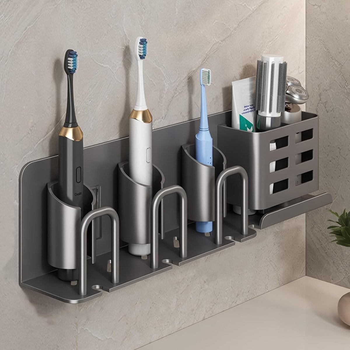 Electric Toothbrush Holder Wall Mounted, Rust-Proof Aluminum 3-Slot Organizer with Shelf - Minimalist Bathroom Storage for Small Spaces, Gray | Rust-proof aluminum, built-in shelf. No-drill mount. Holds 3 brushes. Perfect small bathroom storage