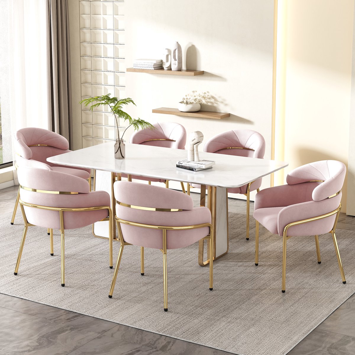 Eetkamerstoelen met armleuningen - Set Van 6 - Eettafelstoel - Keukenstoel - Eetkamerstoelen - Stoel - Eetkamerstoel, enkel, licht luxe, woonkamer, slaapkamer, vrijetijdsstoel, met 4 metalen poten, fluweel - Roze
