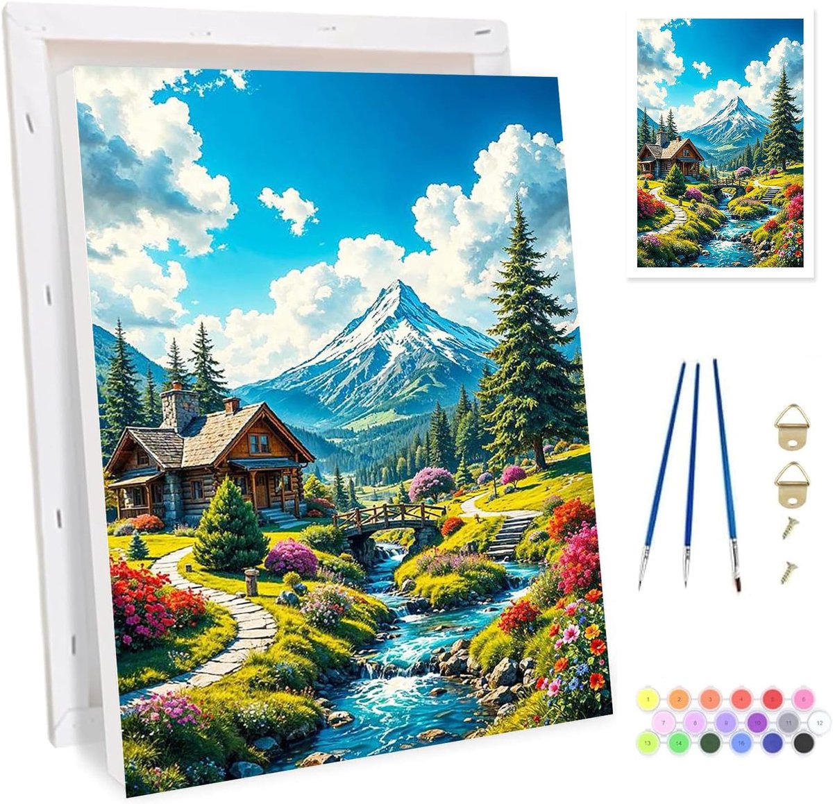 SnelShoppen - Schilderen op Nummer Set voor Volwassenen - Landschap met Houten Ezel, 20x30 cm, Acrylverf, Compleet met Kwasten en Accessoires voor Thu