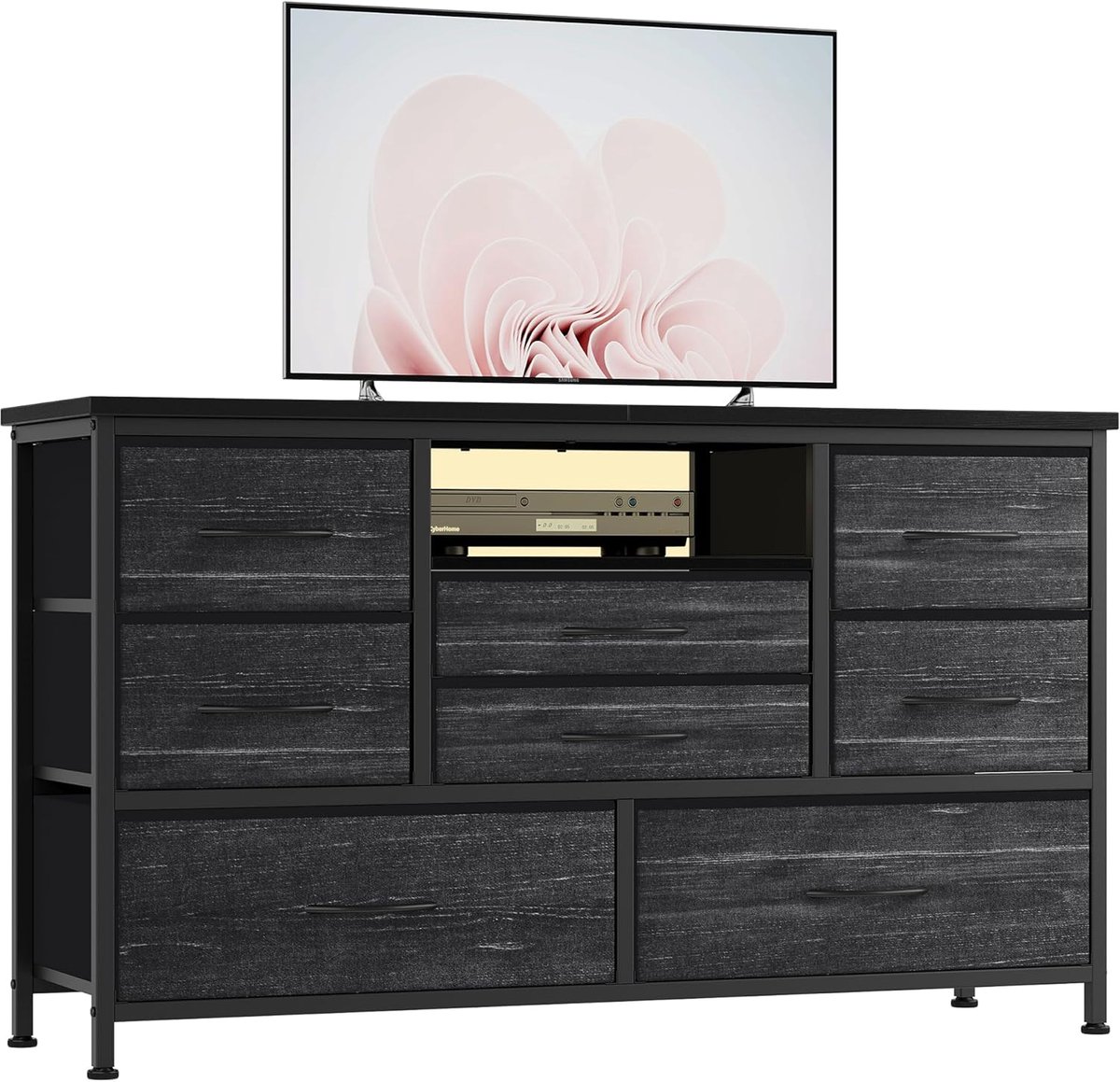 Ladekast met 8 Stoffen Laden - TV-Meubel met Smart LED-Verlichting & Ingebouwd Stopcontact - Industrieel Dressoir met USB-Poorten - Opbergkast voor Slaapkamer & Woonkamer - 120 x 34 cm