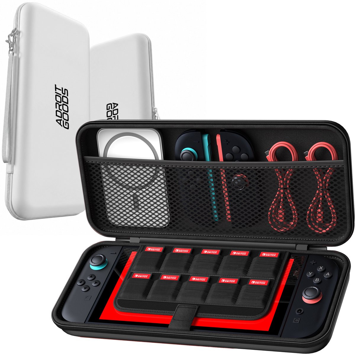 AdroitGoods Nintendo Switch 2 opbergcase – beschermhoes hard shell travel case met ruimte voor accessoires en games Wit