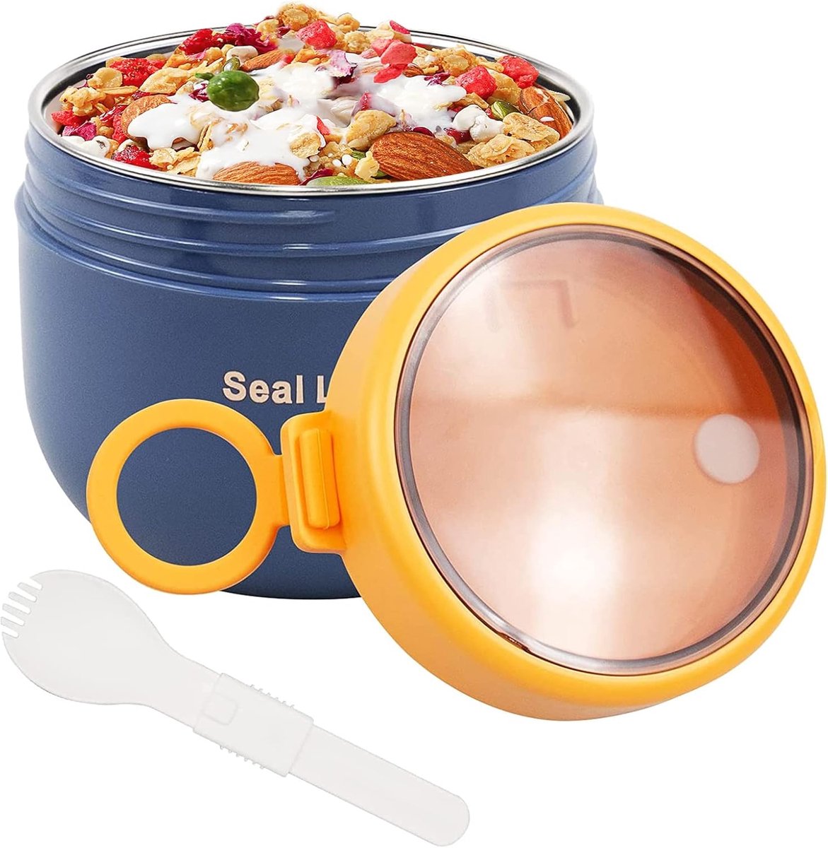 SnelShoppen - Muesli To-Go Cup 600ml - Lekvrije Yogurt Cup - RVS Lunchbox met Vouwlepel - Ideaal voor Ontbijt, Lunch, Salades, Blauw