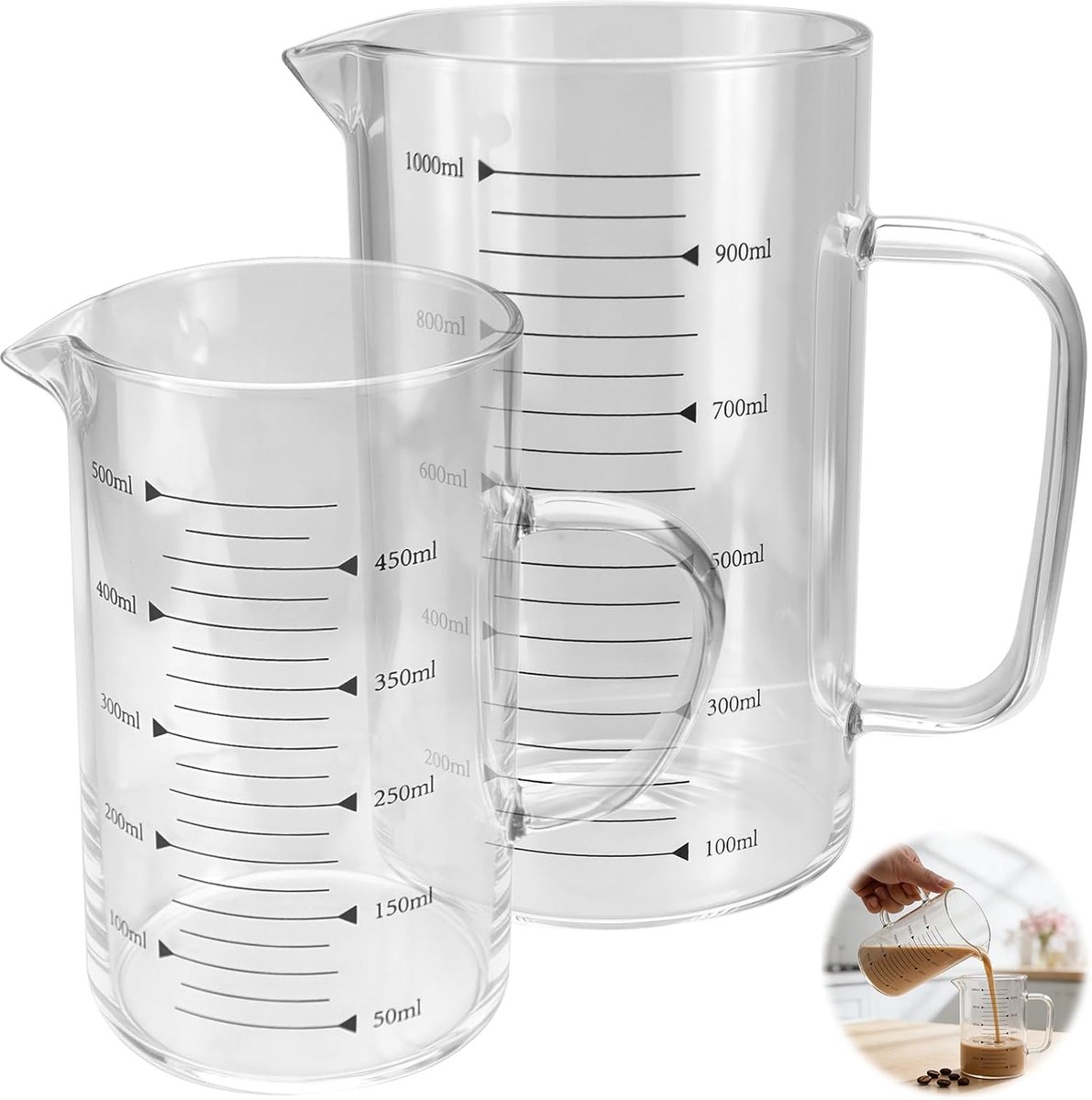 SnelShoppen - Maatbekerset van glas 500 ml + 1 l, hittebestendig borosilicaatglas, BPA-vrij, voor koken, bakken, magnetron, veilig voor levensmiddelen