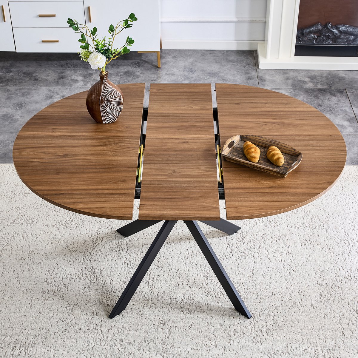 HAUSS SPOLE Eettafel - Uitschuifbaar Rond Naar Ovaal - Voor 4 Tot 6 Personen In Eetkamer - MDF En Metaal - 107/137 x 76 cm - Zwart Walnoot