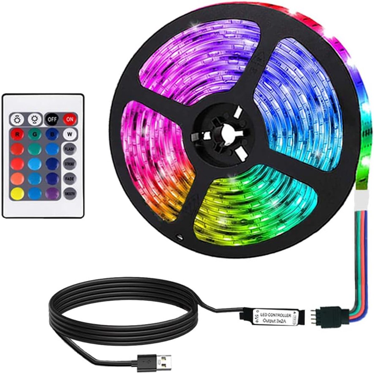 SnelShoppen - 1m USB LED Strip met 24 Keys Remote, Kleurveranderende Strip voor Feest, Woonkamer, Keuken, Slaapkamer, Decoratie en Verlichting