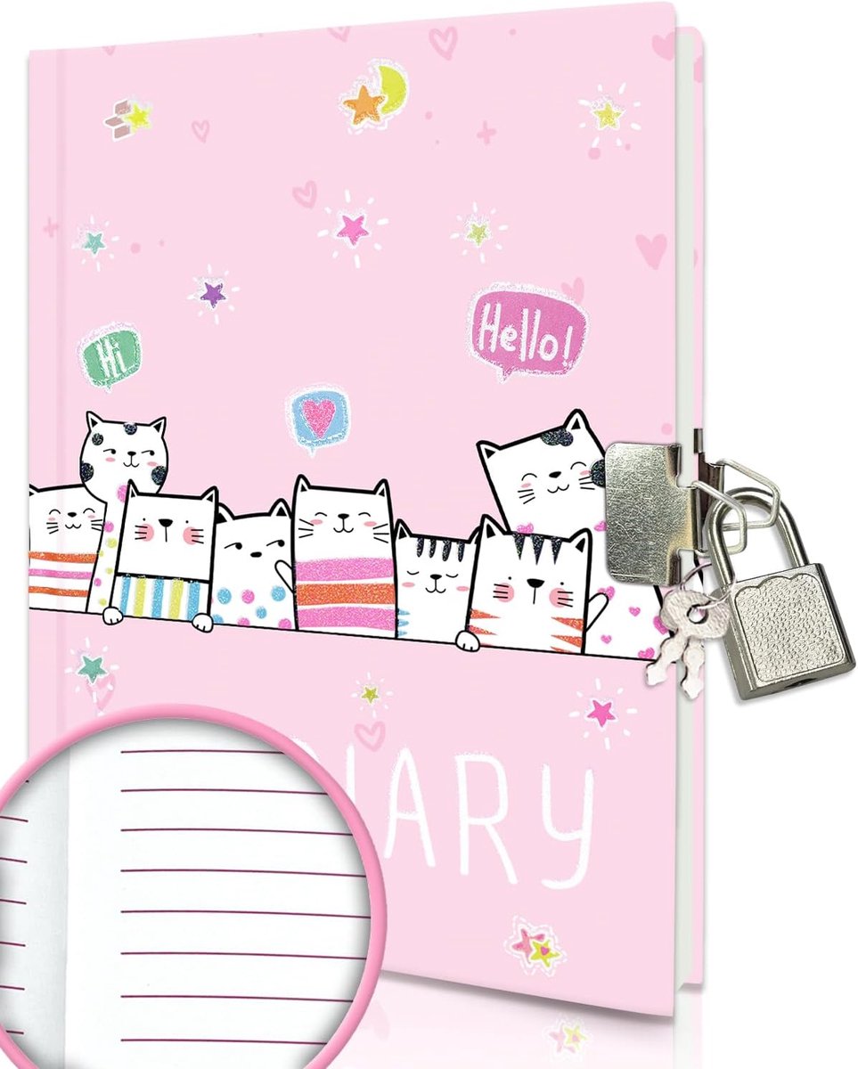SnelShoppen - Kitten Secret Diary met Slot, Roze Notitieboek voor Kinderen 18x13.5cm, 160 Pagina's, Perfect voor Meisjes van 5-10 Jaar