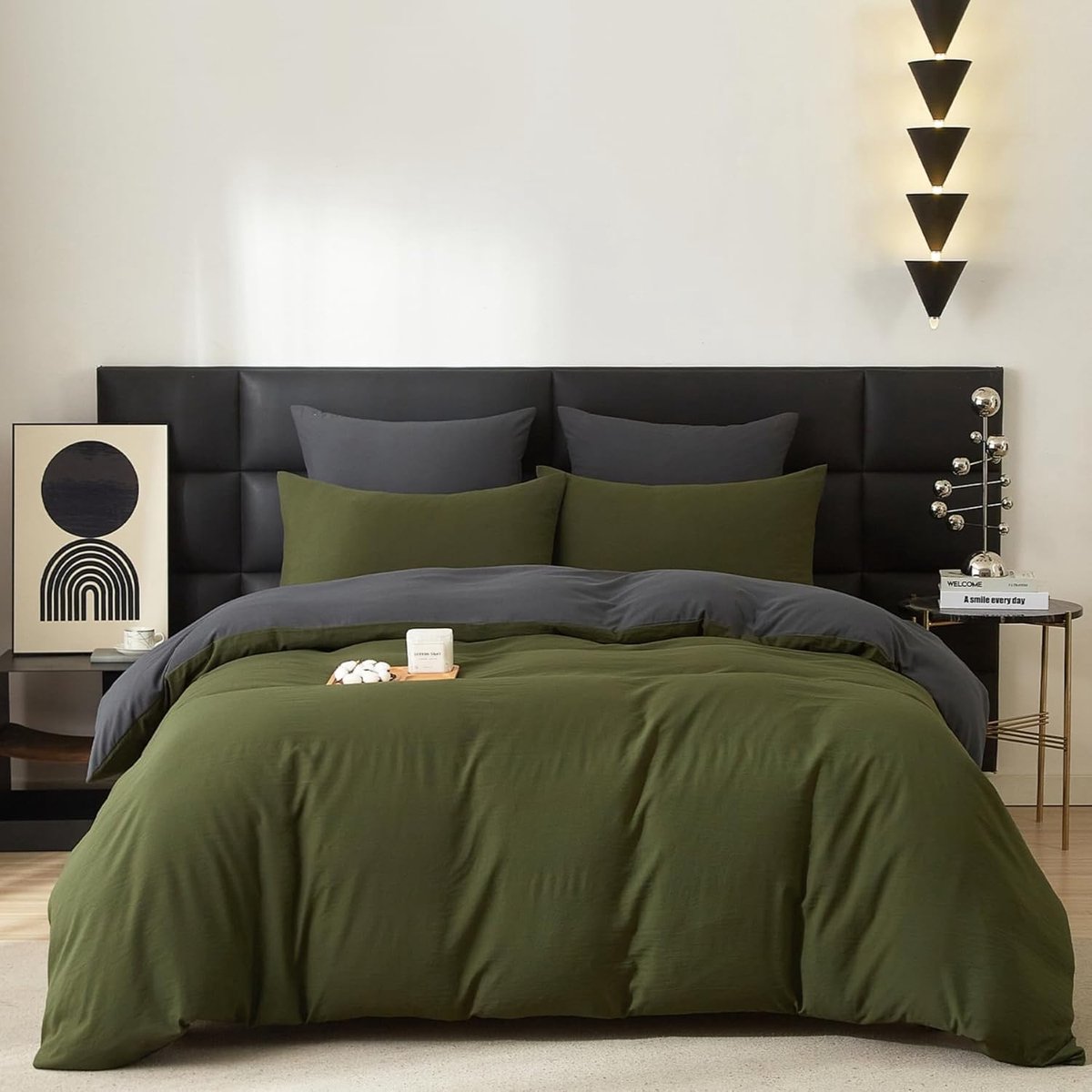 SnelShoppen - Gezu Katoenen Bedlinnen 220x200 cm, Olijf Groen, Grijs, 3-delig, Effen Design, Dubbel Bed, Zacht Katoen, Omkeerbare Dekbedovertrek en 2