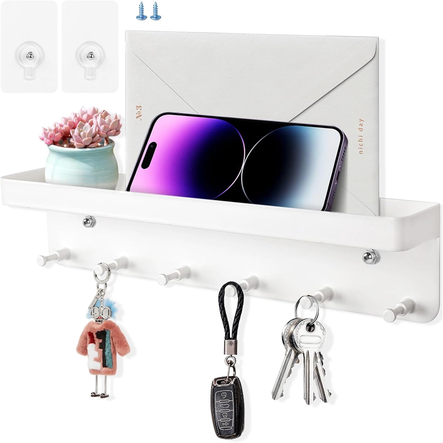 SnelShoppen - Sleutelhanger met Plank Wit - RVS Sleutelkastje met 6 Haakjes - Zelfklevende Sleutelhouder voor Hal, Entree, Opslag - Duurzaam en Modern