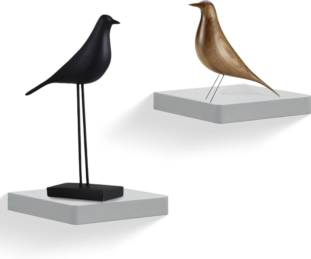 Set van 2 zwevende wandplanken van massief hout, decoratieve planken voor badkamer, slaapkamer, woonkamer en keuken – Grijs, 15,2 cm vierkant