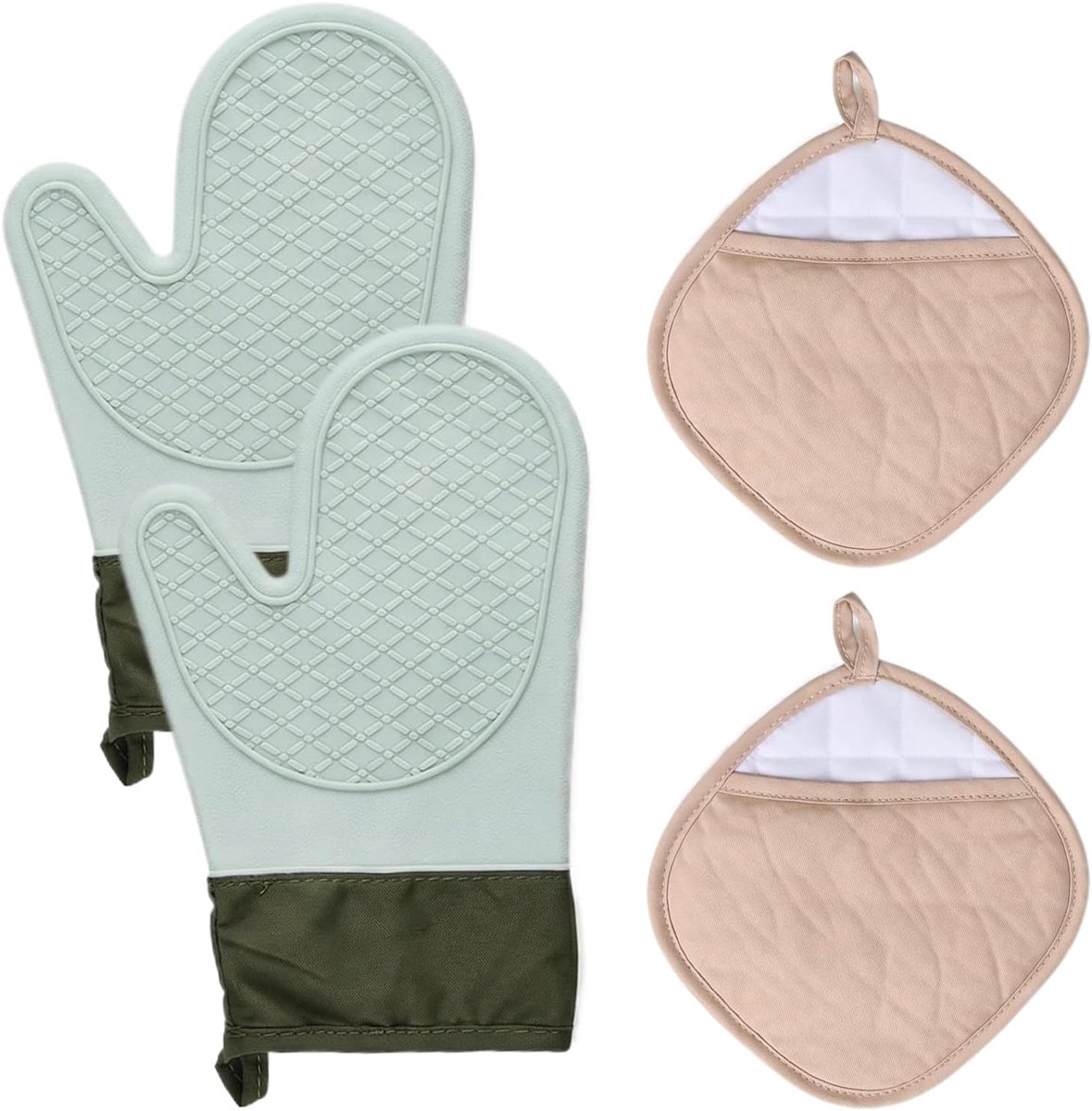 SnelShoppen - Ovenwanten set van 4, hittebestendige pannenlappen, antislip kookhandschoenen van katoen, extra dik met ophangogen voor koken, bakken en