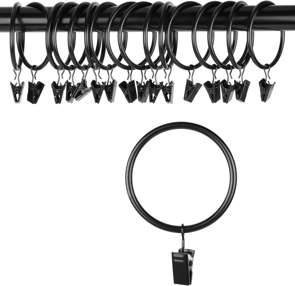 SnelShoppen - OOTSR Gordijnclips met Ringen 50 mm - Roestvrijstalen Metalen Gordijnringen met Oogjes - Set van 16 - Vintage Zwart - Perfect voor Feest