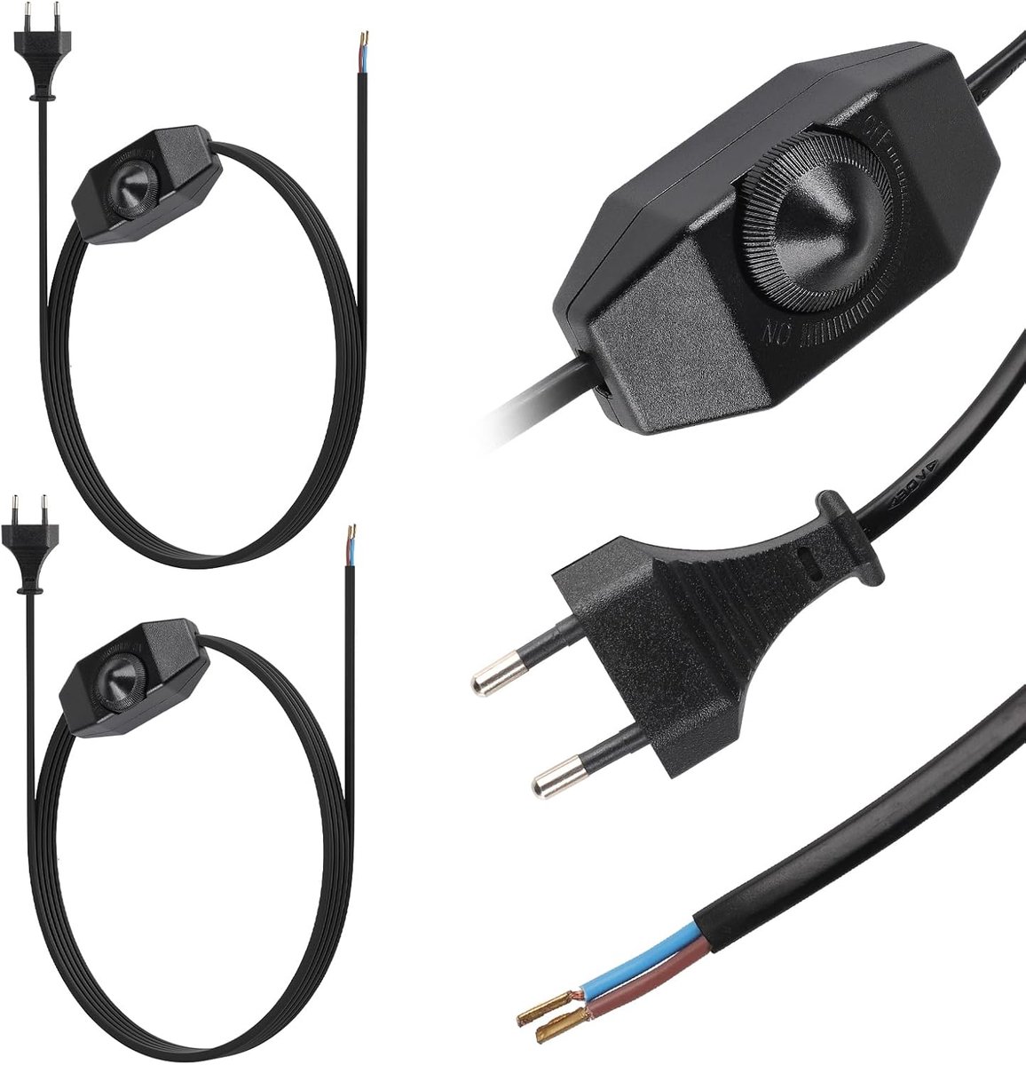 SnelShoppen - Pack van 2 3 m Verlengsnoer met LED Dimmer Type C Euro Plug, Dimbare Schakelaar, 100W Max voor LED Verlichting, Zwart, Ideaal voor Thuis