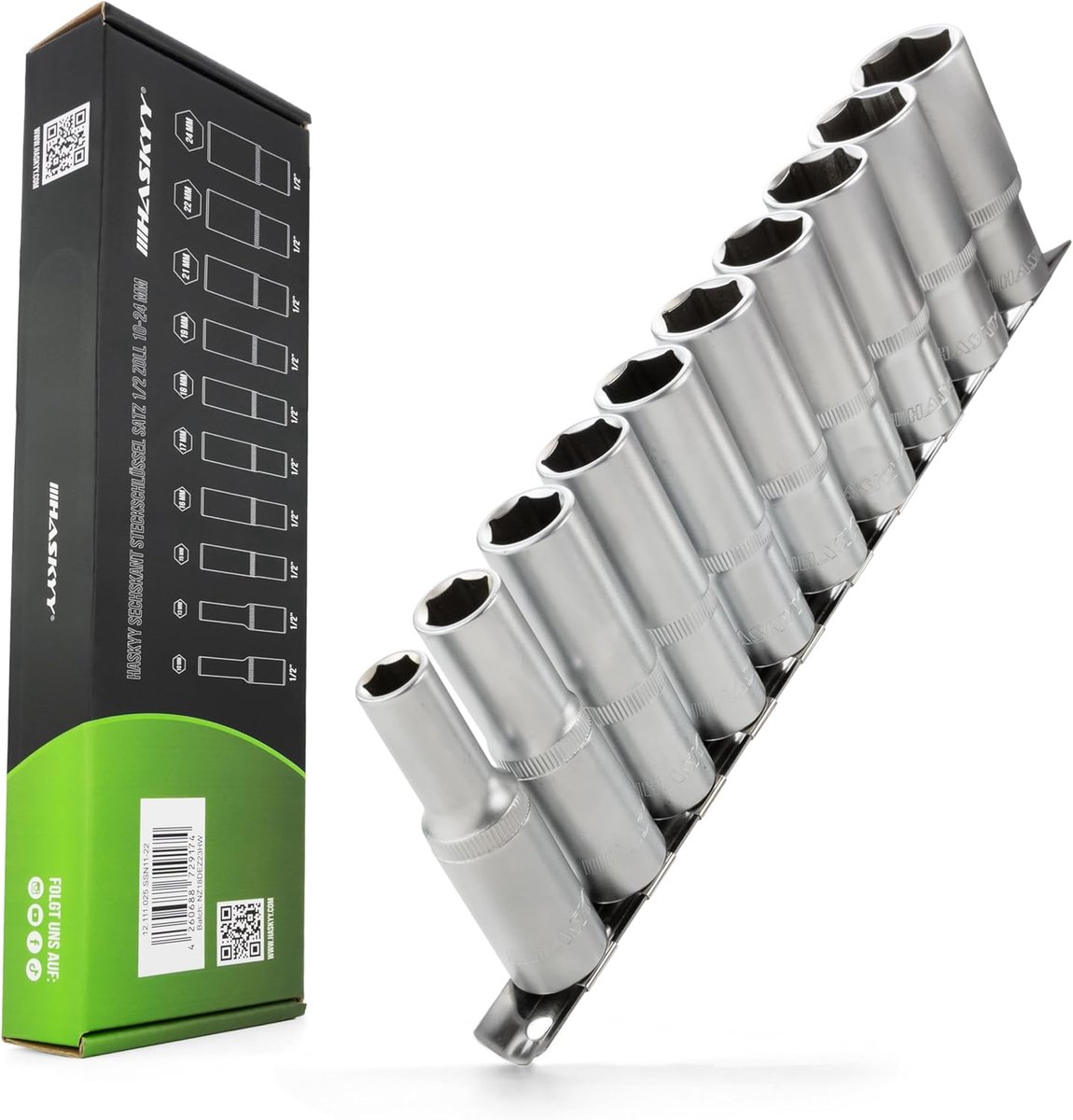 SnelShoppen - 10-delige Dopsleutelset 1/2 inch - Diepe Dopsleutels 10-24 mm - Chrome Vanadium Staal - Professionele Kwaliteit - Voor Klussen, Auto-ond