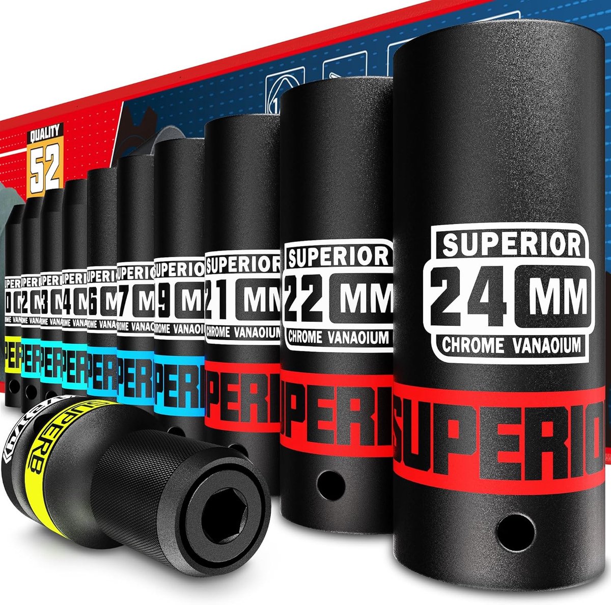 SnelShoppen - 1/2" Diepe Impact Dopsleutelset 11-Delig, 10-24mm Metrisch met Adapter voor Slagmoersleutel, Ideaal voor Auto Bandenwissel