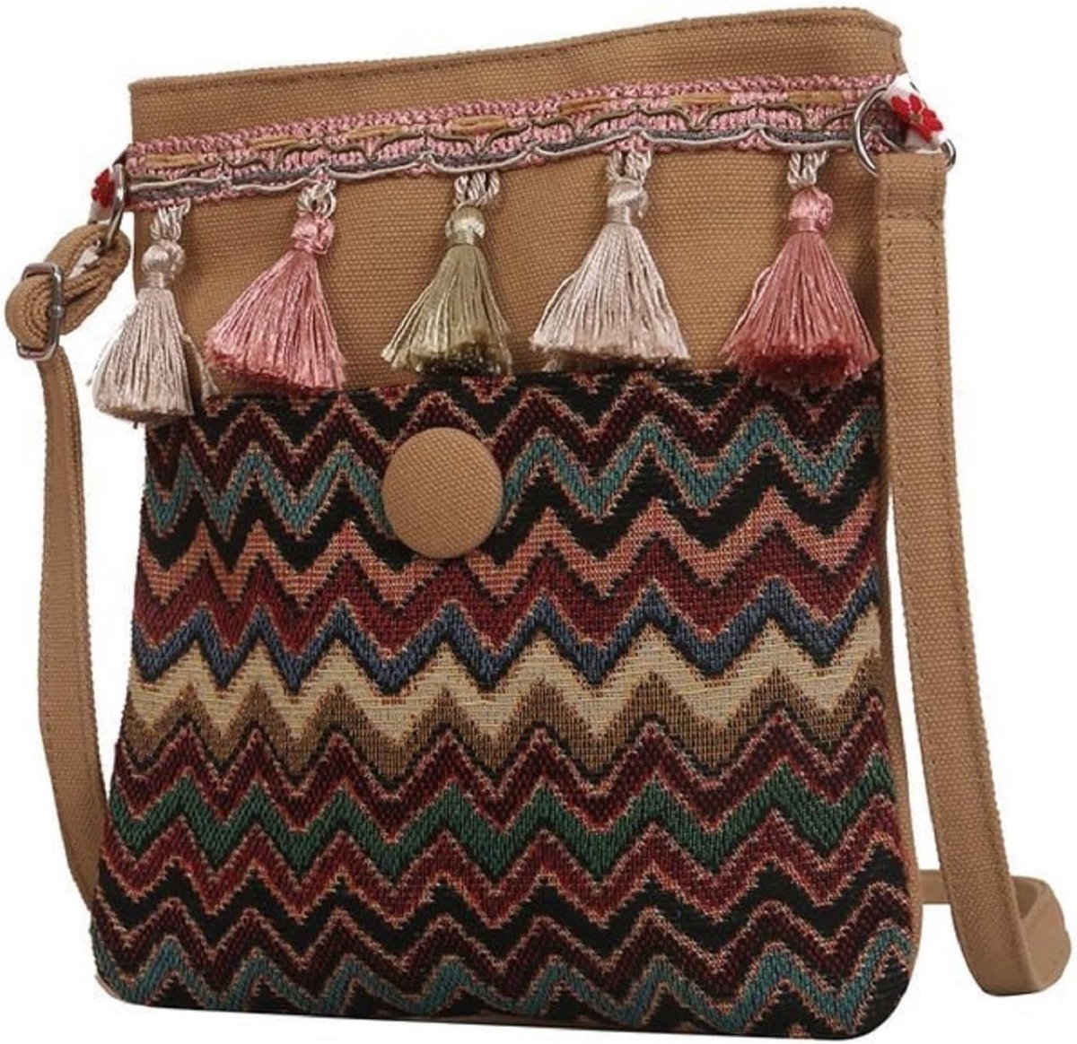 Boho Ethnic Schoudertas met Kwastjes | Vintage Canvas Crossbody Tas voor Vrouwen | Perfect voor Dagelijks Gebruik en Feestjes