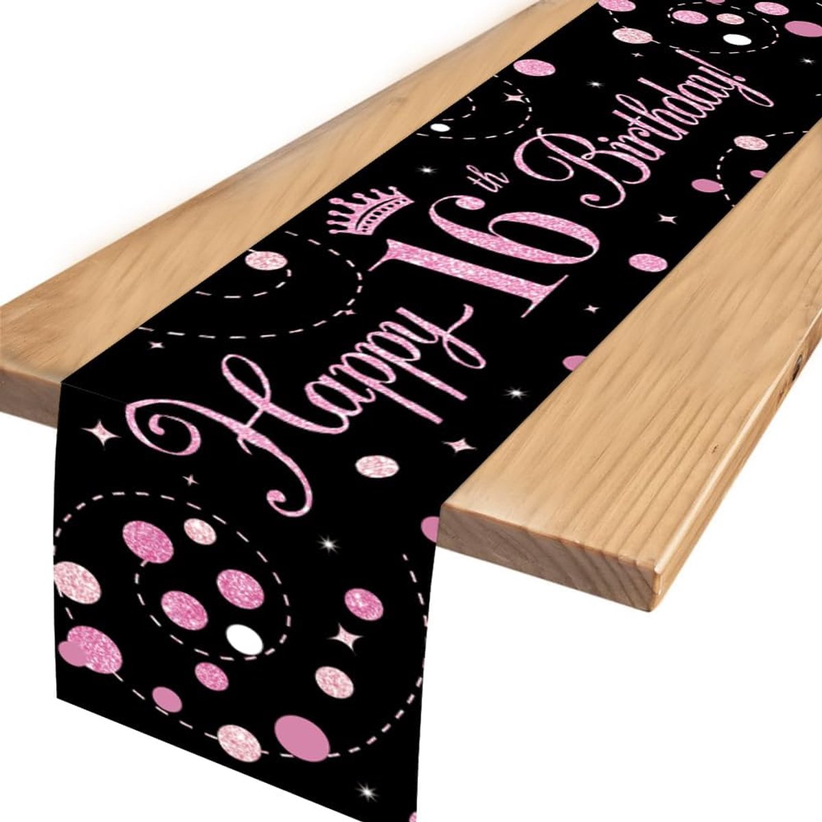 SnelShoppen - Table Runner Verjaardag Meisje 16 Jaar - Zwart Roze Glitter - 180x35 cm Feestdecoratie voor Verjaardagsfeest Tafel