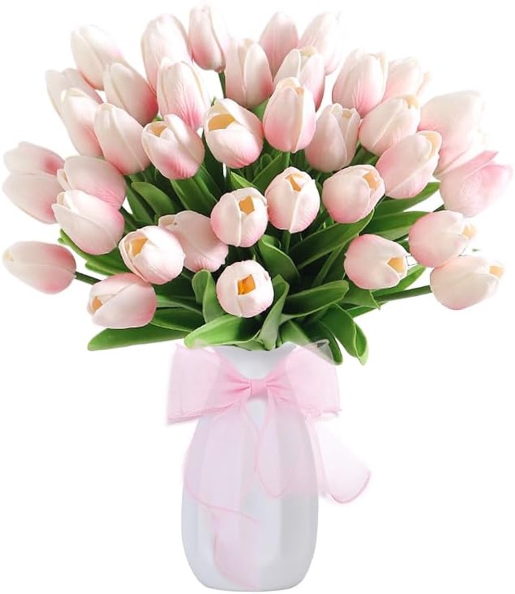 SnelShoppen - 15 Pcs Kunstmatige Tulpen - Fake Rozen - Latex Tulpen Bloemen met Satijnen Lint voor Thuis, Bruiloft en Feesten (Roze)
