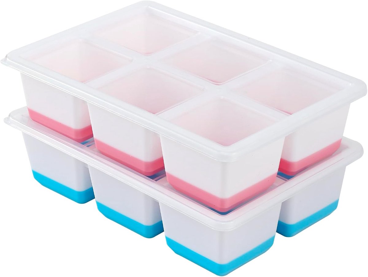 SnelShoppen - Pack van 2 Grote XXL Siliconen IJsblokjes Tray met Deksel, BPA-vrij, Stapelbaar, Roze + Blauw, Perfect voor Feestjes, Camping, Keuken