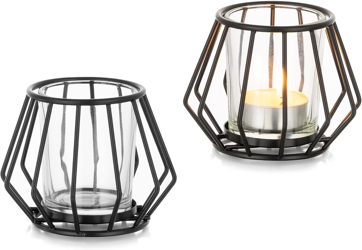SnelShoppen - Geometrische Teelichthouders - Moderne Metal Votive Teelichtstandaard met Glazen - 2 Stuks - Zwart - Perfect voor Bruiloft, Feest, Verja