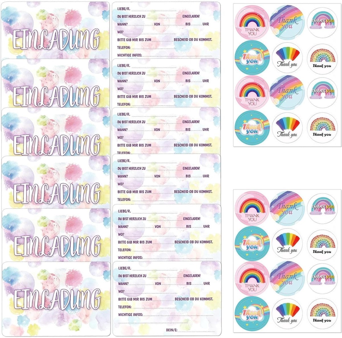 SnelShoppen - 12 Aquarel Stijl Verjaardagsuitnodigingen Met Stickers, Regenboog Kleuren, Feest Uitnodigingen Voor Kinderen, 15 cm, Perfect Voor Verjaa