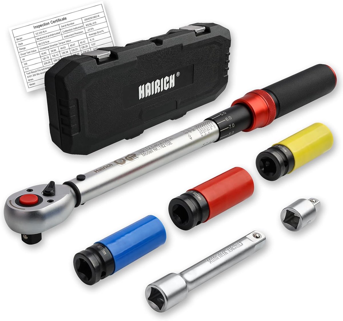 SnelShoppen - 1/2 Inch Momentenwrench Set 40-210 Nm, TÜV Gecertificeerd, 6-delige Set met 125 mm Verlengstuk, 1/2"-3/8" Adapter en 3 Opzetstukken voor