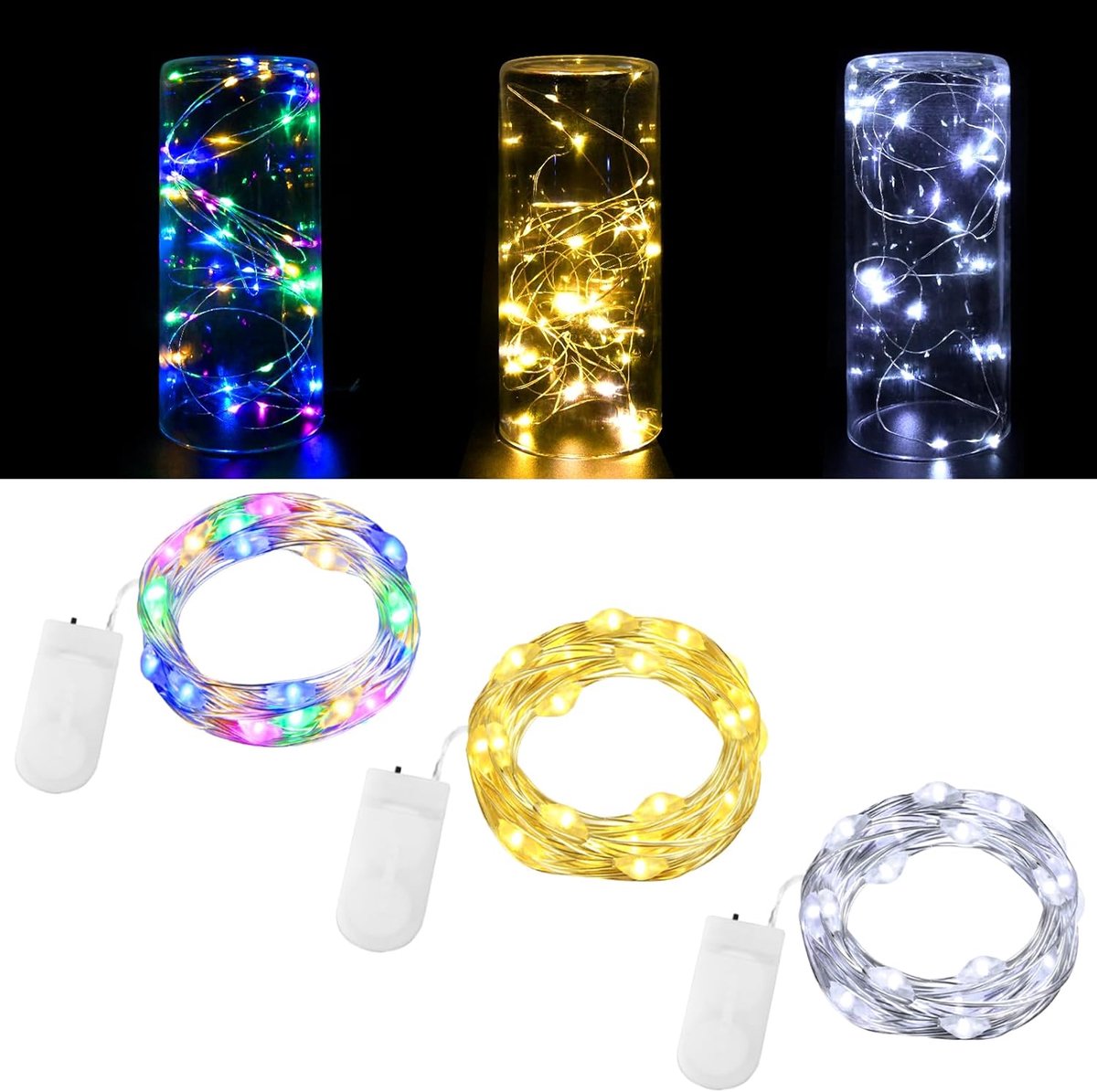 SnelShoppen - Pack van 3 Mini Fairy Lights met Batterijen, 2 m, 20 LEDs, Flexibele Draad, Multi-Kleurige LED Lichtjes voor Decoratie, Feest, Bruiloft,