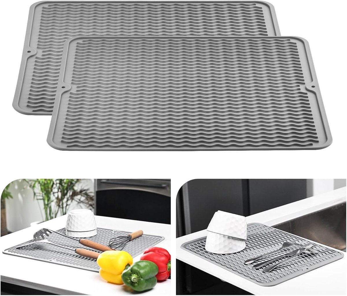 SnelShoppen - Silicone Drainer Mat 40 x 45 cm, Hittebestendig, Antislip Keukenafwasmat, Droogmat, Placemat, 2 Stuks, Lichtgrijs, Perfect voor Keuken e