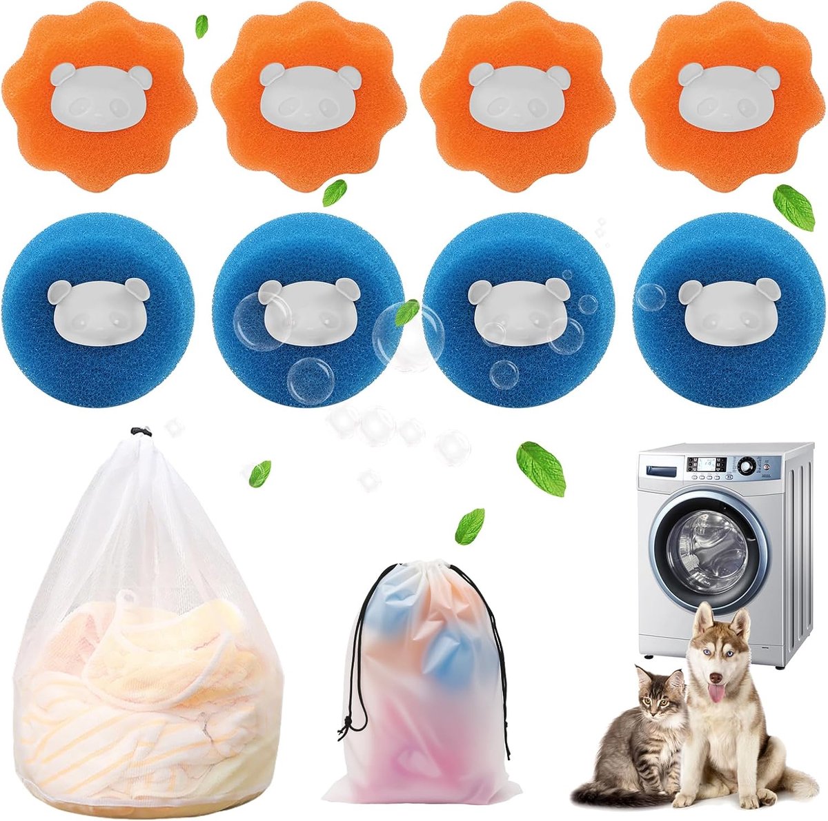 SnelShoppen - Dierenhaarverwijderaar 8 stuks - Herbruikbare Wasballen met Wasnet en Opbergtas - Effectieve Pluisballen voor Dierenharen en Pluisjes in