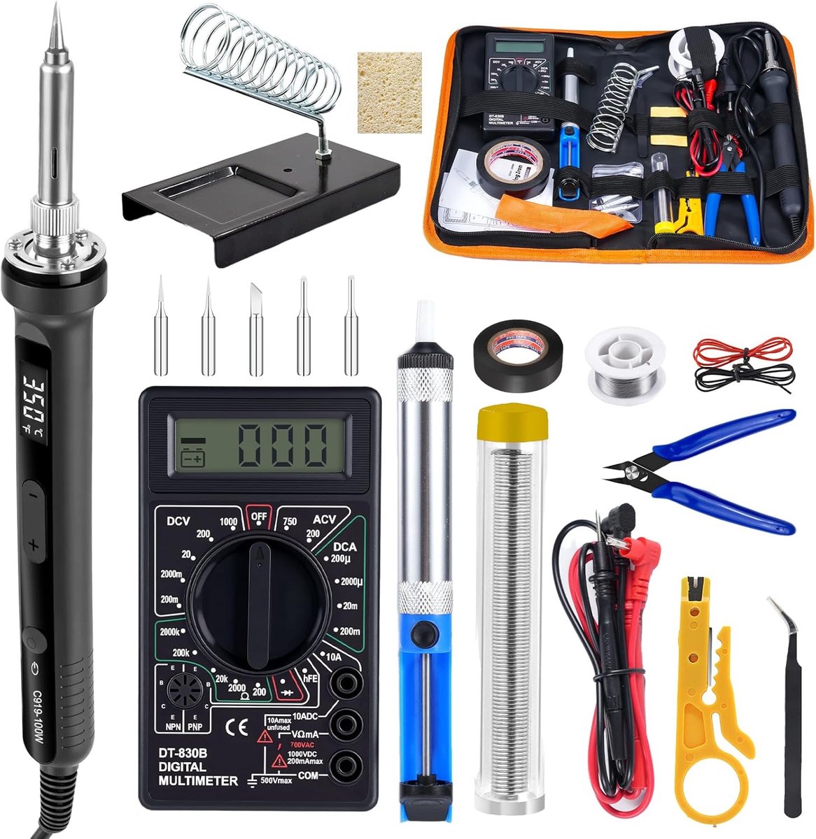 SnelShoppen - 100W Soldering Iron Set met LCD en Digitale Multimeter, Temperatuur Instelbaar 180-560°C, 19-in-1 Soldering Iron Set met 5 Soldering Tip